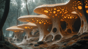 Vibrant Bioluminescent Mushroom Dwellings Illuminate the Enchanting Forest with Organic Architecture and Intricate Latticework Amidst Lush Verdant Foliage BIOPUNK PHOTOGRAPHY by BioPunk Ambience