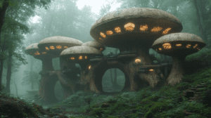 Luminous Mushroom Abodes Rising Amidst Misty Forest with Illuminated Interiors and Wooden Pathways in a Verdant Ecosystem BIOPUNK PHOTOGRAPHY by BioPunk Ambience