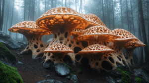 Glowing Mushroom Dwellings Emerge in Misty Forest Enclave Illuminating the Surrounding Greenscape with Warm Luminescence as Lush Moss Blankets Rocky Terrain Amidst Towering Trees in Enigmatic Dreamscape BIOPUNK PHOTOGRAPHY by BioPunk Ambience