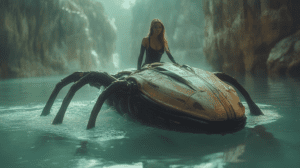 Mysterious Woman Riding Biomechanical Arachnid Craft Through Ethereal Green Waters of Hidden Limestone Cavern Illuminated by Soft Filtering Sunlight in Tranquil Underground Realm BIOPUNK PHOTOGRAPHY by BioPunk Ambience