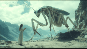 Woman Standing Before A Towering Giant Insect Amidst Rugged Mountainous Terrain Under Cloudy Skies Where Nature And Imagination Collide In A Fantastical Landscape Painting A Vision Of Surreal Coexistence And Otherworldly Wonder BIOPUNK PHOTOGRAPHY by BioPunk Ambience