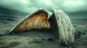 Majestic Desolate Landscape With Enormous Weathered Angelic Wings Resting Against A Misty Mountain Ridge Looming Under Heavy Cloud Cover Amidst A Rugged Terrain Of Scattered Rocks And Sparse Vegetation Evoking A Sense Of Mystical Abandonment And Otherworldly Wonder BIOPUNK PHOTOGRAPHY by BioPunk Ambience