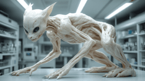 In A Futuristic Laboratory A Pale Hybrid Creature Combines Feline Features With Streamlined Muscular Anatomy Standing On A Pristine Counter In A Setting Of Chromatic White Surfaces And Shelves Filled With Advanced Scientific Apparatus BIOPUNK PHOTOGRAPHY by BioPunk Ambience