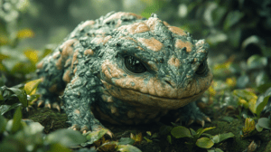 Enigmatic Amphibian Dweller In Lush Verdant Underbrush With Intricate Textured Skin And Watchful Eyes Amidst Vibrant Green Foliage In Serene Forest Setting BIOPUNK PHOTOGRAPHY by BioPunk Ambience