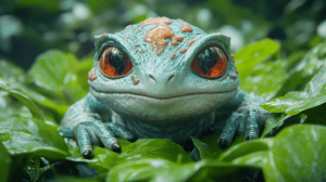 Enchanting Emerald Creature With Vibrant Orange Eyes Nestled Amongst Lush Tropical Foliage In A Misty Jungle Setting Emanating Mystical Charm And Natural Elegance BIOPUNK PHOTOGRAPHY by BioPunk Ambience