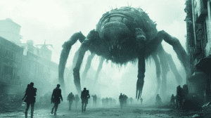 Colossal Spider Creature Looms Over Futuristic Urban Street With Armed Figures Walking Amidst Fogged Atmosphere And Shadowed Buildings BIOPUNK PHOTOGRAPHY by BioPunk Ambience