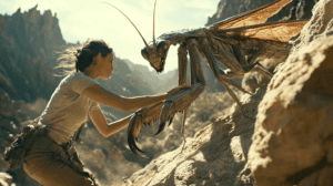 Woman Standing Fearlessly on Rocky Terrain Facing a Giant Insect Creature with Transparent Wings in a Sunlit Canyon Landscape BIOPUNK PHOTOGRAPHY by BioPunk Ambience