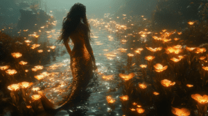 Enigmatic Mermaid Wandering Through a Waterway Illuminated by Glowing Golden Flowers Reflecting Soft Amber Light in a Lush Enchanting Underwater Landscape at Twilight BIOPUNK PHOTOGRAPHY by BioPunk Ambience