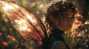 Ethereal Winged Figure With Glistening Butterfly Wings Surrounded By Lush Flowers Bathed In Golden Sunlight Amidst A Glowing Garden Adorned With A Crown Of Blossoms And Gleaming Hair BIOPUNK PHOTOGRAPHY by BioPunk Ambience