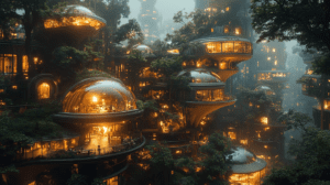 Enchanted Bioluminescent Tree Dwellings with Futuristic Transparent Domes and Glowing Pathways in a Lush Vertical Forest Atmosphere Where Nature and Technology Harmoniously Blend Under a Canopy of Ambient Lights BIOPUNK PHOTOGRAPHY by BioPunk Ambience