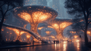 Luminescent Organic Towers Illuminating A Misty Urban Landscape With Bioluminescent Pathways And Human Silhouettes Amidst Lush Bioengineered Growth Creating A Harmonious Blend Of Nature And Technology In A Futuristic Cityscape BIOPUNK PHOTOGRAPHY by BioPunk Ambience