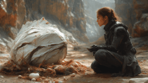 Young Woman in Futuristic Armor Contemplates Mysterious Organic Formation Resembling a Giant Egg Amidst Rugged Rocky Terrain Bathed in Soft Sunlight with Small Biological Elements Scattered Around BIOPUNK PHOTOGRAPHY by BioPunk Ambience