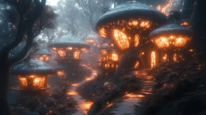 Luminous Mushroom Dwellings Illuminate Enchanted Forest Pathway With Warm Golden Glows Amidst Misty Trees At Dusk BIOPUNK PHOTOGRAPHY by BioPunk Ambience