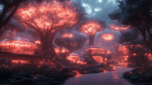 Illuminated Canopy Of Bioluminescent Trees Enveloping Futuristic Domed Dwellings In A Lush Enchanted Forest Setting With Glowing Flora Lining A Serpentine Pathway Under A Cloudy Twilight Sky BIOPUNK PHOTOGRAPHY by BioPunk Ambience