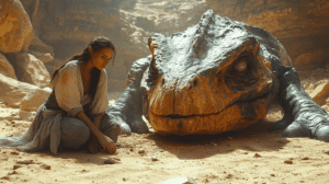 Young Woman Contemplating Beside Her Enormous Lizard Companion In A Sunlit Rocky Desert Landscape BIOPUNK PHOTOGRAPHY by BioPunk Ambience