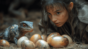 Forbidden Hatchlings Encounter Between An Intrigued Young Explorer And A Newly Hatched Dinosaur In A Dense Forest Nest Surrounded By Speckled Eggs And Wearing Weathered Clothing Amidst The Wilderness BIOPUNK PHOTOGRAPHY by BioPunk Ambience