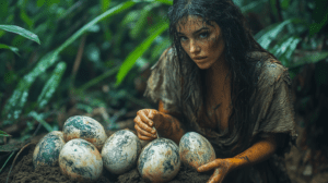 Mysterious Jungle Dweller Tending to Large Speckled Eggs Amidst Lush Greenery With a Look of Determination and Connection to Nature BIOPUNK PHOTOGRAPHY by BioPunk Ambience