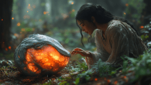 Mystical Forest Encounter With Glowing Cocoon As Enigmatic Woman Touches Mysterious Organic Sphere Amid Lush Greenery And Luminescent Aura In Whimsical Woodland Setting BIOPUNK PHOTOGRAPHY by BioPunk Ambience