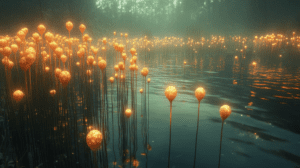 Ethereal Landscape With Luminous Orange Spheres Emerging Above Serene Rippling Water Amidst Misty Forest Glade Bathed In Ambient Glow With Reflective Surface Enhancing The Mystical Atmosphere Where Nature Meets Enchantment BIOPUNK PHOTOGRAPHY by BioPunk Ambience