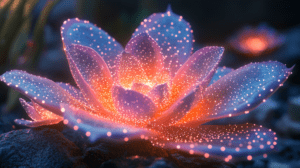 Radiant Luminescent Flower With Glowing Petals Illuminating The Dark Enchanted Garden In Vibrant Hues Of Purple And Orange Dotted With Tiny Sparkling Lights Resting On Smooth Stones Amidst Soft Shadows And Focused Light Creating A Magical Ethereal Atmosphere BIOPUNK PHOTOGRAPHY by BioPunk Ambience