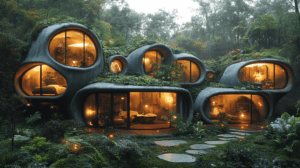 Mushroom-Inspired Forest Haven Illuminated by Warm Glows Amidst Verdant Surroundings with Organic Architecture and Lush Rooftop Gardens Blending Seamlessly into Nature in a Dreamlike Wooded Landscape BIOPUNK PHOTOGRAPHY by BioPunk Ambience