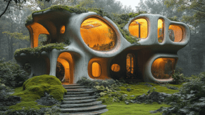 Spectacular Organic Home with Moss-Covered Fungi Architecture and Glowing Interior Nestled in Lush and Verdant Forest Surrounded by Dense Greenery and Stone Pathway Enhancing Natural Serenity BIOPUNK PHOTOGRAPHY by BioPunk Ambience