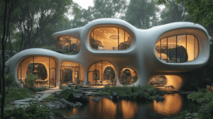 Organic Architecture Wonder Nestled Among Verdant Woodland A Seamlessly Integrated Habitat Embracing Nature With Fluid Curves And Expansive Circular Windows Illuminating The Interior With Warm Glows Reflected Off Tranquil Waters Surrounded By Lush Greenery Harmoniously Blending Modern Design With Natural Beauty BIOPUNK PHOTOGRAPHY by BioPunk Ambience