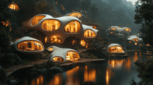 Luminous Organic Dwellings Nestled Amid Verdant Forest Reflections On Tranquil Waterways With Softly Glowing Interiors Under A Misty Canopy Of Towering Foliage Creating A Harmonious Balance Between Nature And Architecture BIOPUNK PHOTOGRAPHY by BioPunk Ambience