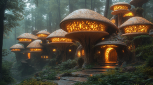 Enchanted Woodland Village Of Gigantic Luminous Mushroom Homes With Glowing Warm Interiors Nestled In The Heart Of A Misty Forest Surrounded By Verdant Greenery And Faint Diffused Light Filtering Through Tall Whispering Trees BIOPUNK PHOTOGRAPHY by BioPunk Ambience