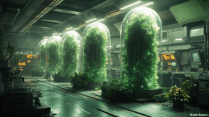 Luminous Bio Vats Containing Radiant Foliage In A Futuristic Laboratory Setting With Advanced Monitors And Equipment Displaying Data Amidst An Array Of Lush Greenery Illuminated By Soft Neon Lights Creating A Harmonious Blend Of Organic And Technological Elements BIOPUNK PHOTOGRAPHY by BioPunk Ambience