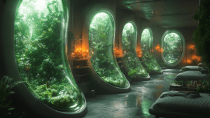 Luminous Sanctuary With Cascading Verdant Windows And Cozy Lounging Spaces Bathed In Soft Ambient Glow Housing Wild Flourishing Botanical Gardens Under Curved Glass Panels In A Serene And Futuristic Indoor Haven BIOPUNK PHOTOGRAPHY by BioPunk Ambience