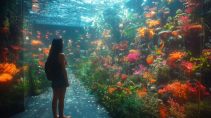 Vibrant Underwater Passage With Panoramic View Of Lush Coral Reefs And Exotic Aquatic Flora Illuminated By Dancing Sunlight As A Mesmerized Visitor Stands In Awe Amidst The Tranquil Subaqueous Garden Of Enchanting Colors And Textures BIOPUNK PHOTOGRAPHY by BioPunk Ambience