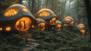 Mushroom Abodes Illuminating An Enchanted Forestscape With Luminescent Bioluminescent Glow Emanating From Organic Structures Nestled Amidst Lush Greenery With Nature's Harmony And Vibrant Warmth Radiating From Curved Wooden Pathways Leading To Inviting Fungal Dwellings Amidst Towering Trees And Verdant Underbrush BIOPUNK PHOTOGRAPHY by BioPunk Ambience