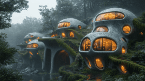 Clusters of Organic Dome Homes Nestled in a Verdant Forest Landscape with Lush Green Moss Draping Over Curved Architectural Forms Illuminated by Warm Glows of Interior Light Enveloping the Scene in a Mystical Atmosphere Where Nature and Futuristic Living Harmoniously Coexist BIOPUNK PHOTOGRAPHY by BioPunk Ambience