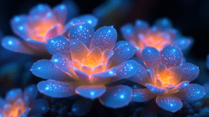 Ethereal Glow Of Luminous Bioluminescent Flowers Emitting Neon Colors In The Darkness With Soft Petals Dotted With Specks Of Light In A Captivating Display Of Nature's Magic In A Dreamlike Scene BIOPUNK PHOTOGRAPHY by BioPunk Ambience