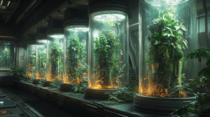 Lush Ecosystem Capsules Illuminated in Luminescent Hues Within a Controlled Laboratory Environment Featuring Intricate Biomechanical Integration Displaying Flourishing Foliage Suspended in Glass Towers Bathed in Soft Halos of Light Amidst Advanced Technological Surroundings BIOPUNK PHOTOGRAPHY by BioPunk Ambience