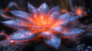 Glowing Luminescent Flower With Vibrant Blue Petals Emanating Warm Orange Light Surrounded By Mystical Sparkling Dots In a Dark Enchanted Garden Setting BIOPUNK PHOTOGRAPHY by BioPunk Ambience