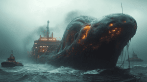 Giant Bioluminescent Sea Creature Vessel With Glowing Amber Eyes In Misty Sea Surrounded By Small Tugboats Battling Rough Waters Amidst Gloomy Overcast Sky BIOPUNK PHOTOGRAPHY by BioPunk Ambience