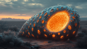 Radiant Organic Cocoon With Pulsating Fiery Core Nestled In Arid Desert Landscape Under Majestic Sunset Skies Illumining Wild Flora And Distant Silhouettes Of Rugged Mountains BIOPUNK PHOTOGRAPHY by BioPunk Ambience