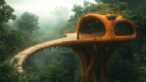 Mystical Elevated Pathway Leading To Organic Mushroom Treehouse Amidst Lush Verdant Forest Canopy Shrouded In Morning Mist With Wooden Bridge Winding Through Dense Green Foliage Creating An Atmosphere Of Serenity And Connection With Nature In A Harmonious Ecological Sanctuary BIOPUNK PHOTOGRAPHY by BioPunk Ambience