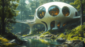 Futuristic Dome Sanctuary With Elevated Walkway Nestled Amongst Verdant Woodland Surrounded By Lush Greenery And Serene Flowing Stream Reflecting Tranquil Atmosphere And Innovative Architectural Design Featuring Large Reflective Windows And Harmonious Integration With Nature BIOPUNK PHOTOGRAPHY by BioPunk Ambience