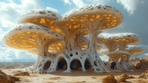 Expansive Organic Skyscrapers Arching Skyward with Luminescent Networked Canopies and Intricate Honeycombed Structures Casting Golden Glows in Sunlit Desert Landscape with Human Figures Dwarfed by Towering Fungal Architecture in Harmonious Integration with Nature BIOPUNK PHOTOGRAPHY by BioPunk Ambience