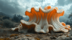 Monumental Organic Coral-like Structure With Wavy Tentacles Rising From Rocky Desert Terrain Under Moody Cloudy Skies Surrounded By Sparse Wild Vegetation And Leafless Trees BIOPUNK PHOTOGRAPHY by BioPunk Ambience