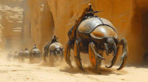 Procession Of Riders Mounted On Giant Armored Insects Moving Through Sunlit Desert Canyon With Dust Clouds Rising Amidst Towering Sandstone Walls In Futuristic Adventure Scene BIOPUNK PHOTOGRAPHY by BioPunk Ambience