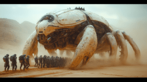 March of the Colossal Desert Machine With Armored Figures Through the Dusty Sands Beneath Overcast Skies in a Barren Wasteland Landscape Featuring a Giant Mechanical Crab Vehicle Surrounded by Windblown Dunes BIOPUNK PHOTOGRAPHY by BioPunk Ambience