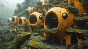 Cluster Of Futuristic Orange Bio-Domes With Large Circular Windows Blending Harmoniously Into A Lush Forest Landscape Featuring Moss-Covered Architecture And Verdant Greenery Embracing Organic Structures Amidst Misty Valleys BIOPUNK PHOTOGRAPHY by BioPunk Ambience